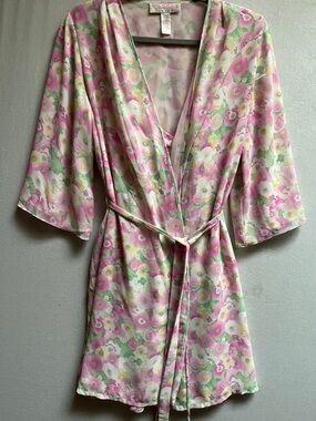 Oscar de la Renta 2 piece Floral Pink Satin Wrap Robe / dress Sz S